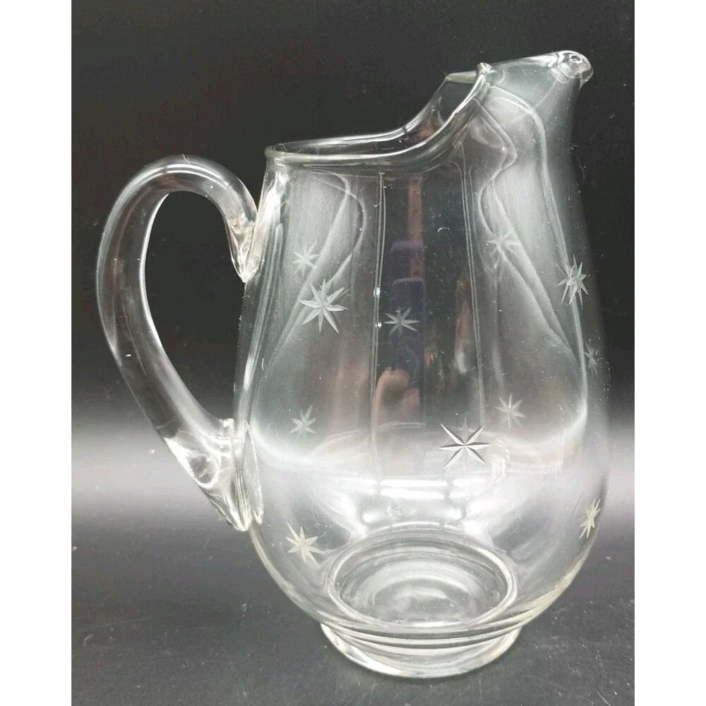 Vtg Atomic Star Burst Etched Glass Pitcher Ice Lip Mcm Star Dust